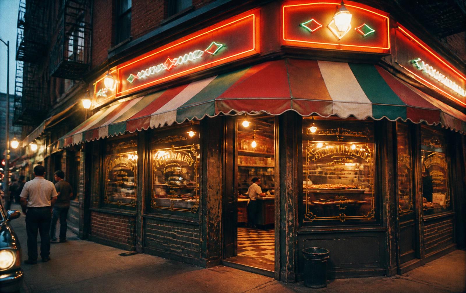 Vintage Brooklyn pizzeria storefront at dusk